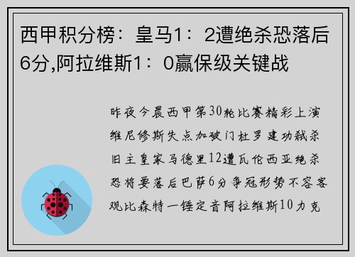 西甲积分榜：皇马1：2遭绝杀恐落后6分,阿拉维斯1：0赢保级关键战