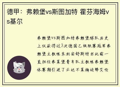 德甲：弗赖堡vs斯图加特 霍芬海姆vs基尔