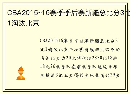 CBA2015~16赛季季后赛新疆总比分3比1淘汰北京