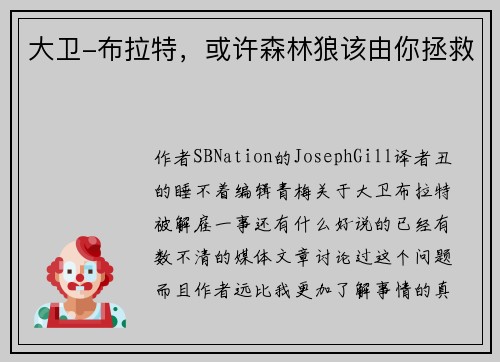 大卫-布拉特，或许森林狼该由你拯救