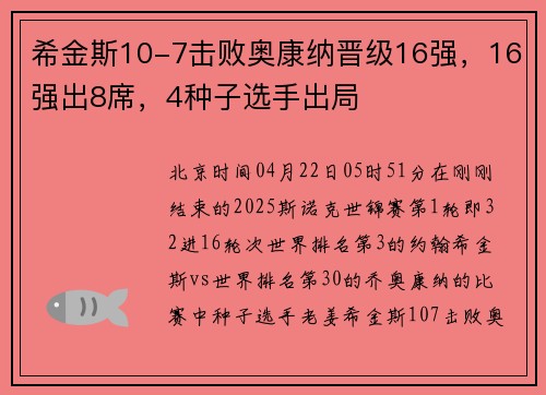 希金斯10-7击败奥康纳晋级16强，16强出8席，4种子选手出局