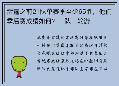 雷霆之前21队单赛季至少65胜，他们季后赛成绩如何？一队一轮游